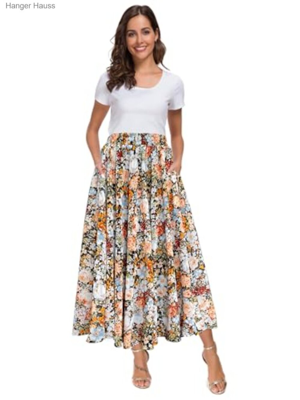 Women High Waist Floral Print Chiffon Swing Midi Skirt with Pockets